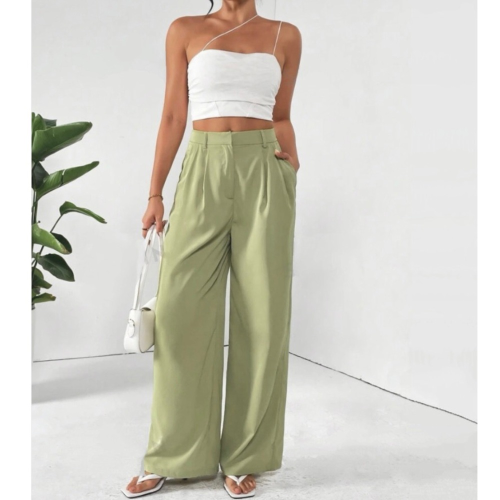 ZARA high-rise wide leg pleated green trouser pants with pockets women Size XL